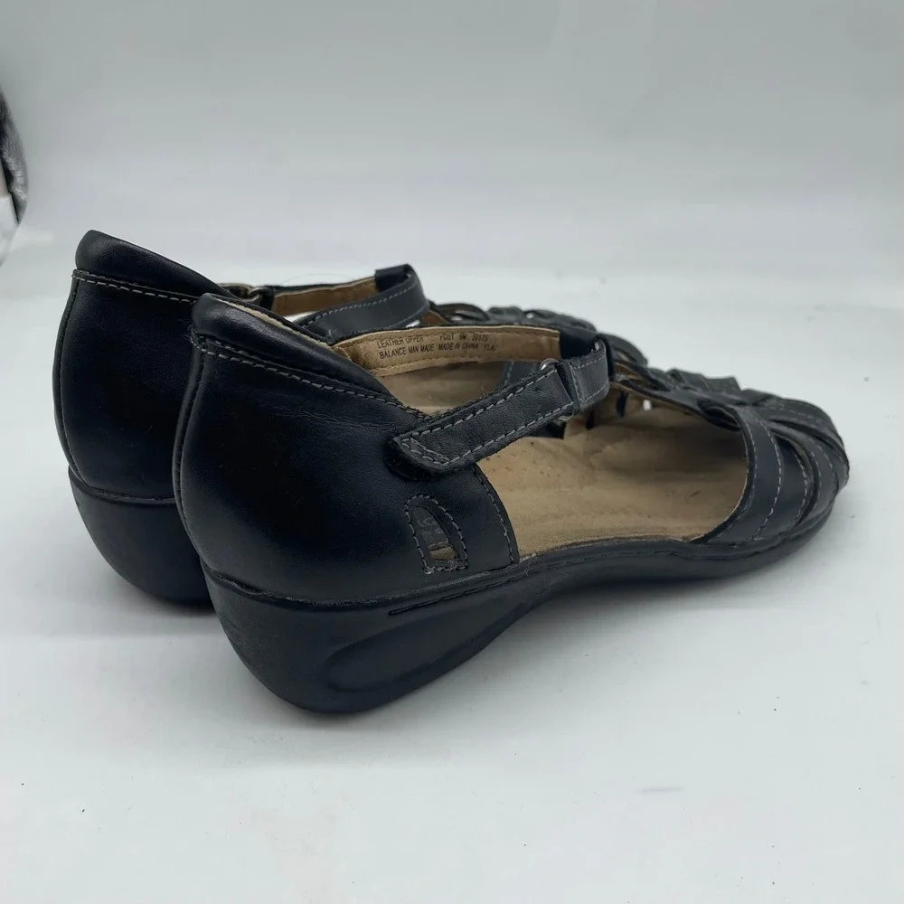 Earth Origins Tipper‎ Black Leather Strappy Wedge Sandals 8M 2017S Womens